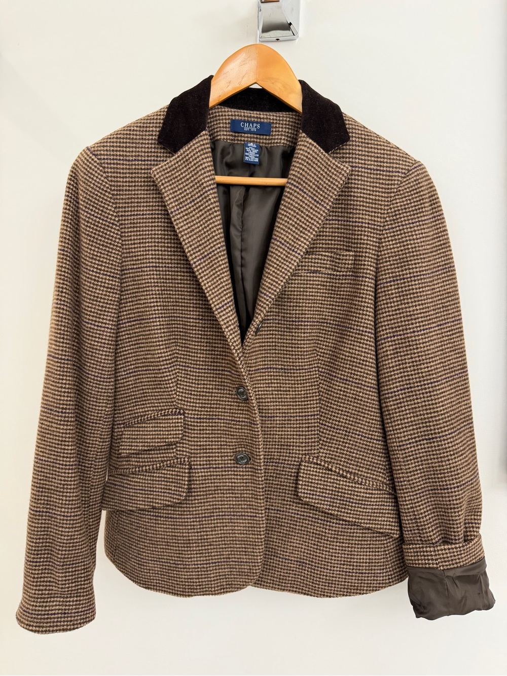 Ralph Lauren Chaps Brown/Burgundy Houndstooth Tweed Blazer with Dark Collar
